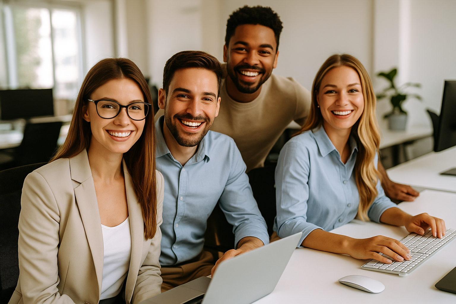 Equipo de trabajo feliz en una oficina